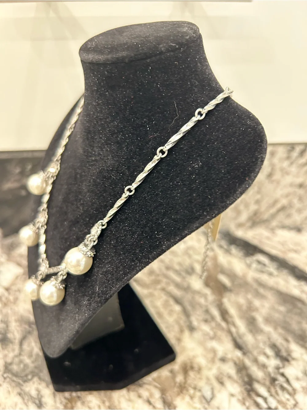 Elegant Worn Rhodium Pearl Drop Necklace - White Pearls
